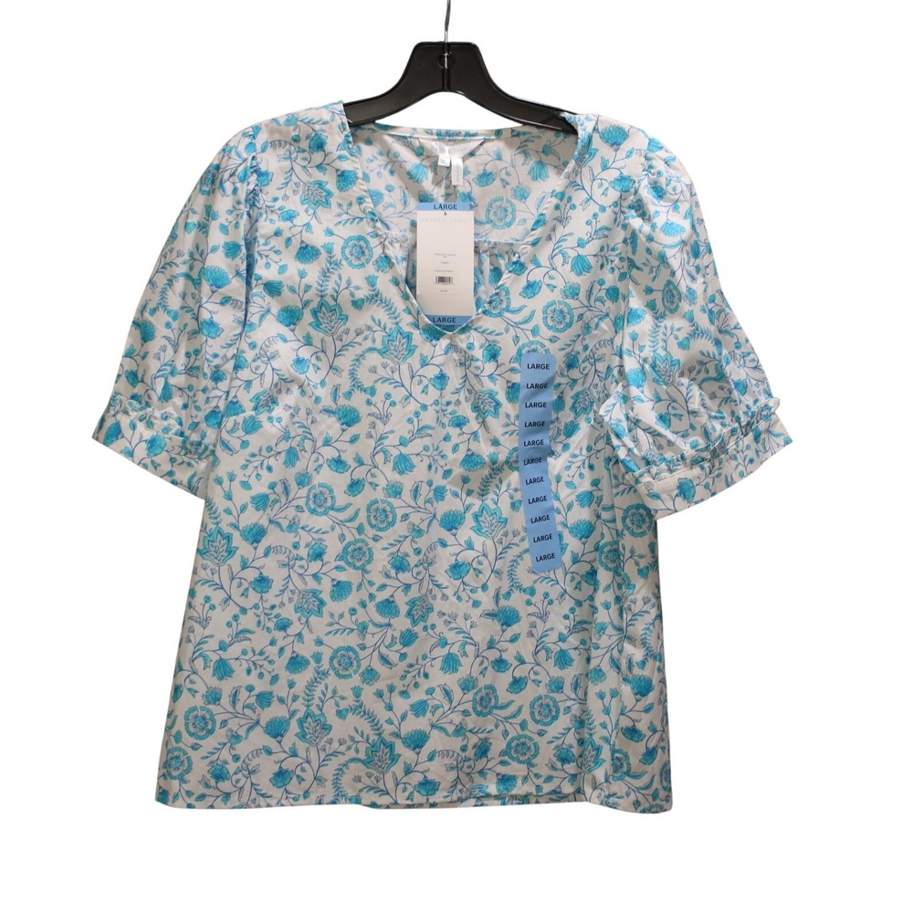 Draper James Blue Floral Blouse Women's Large NWT Short Sleeve
